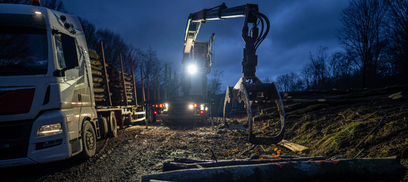 LED lights on forestry machinery at night